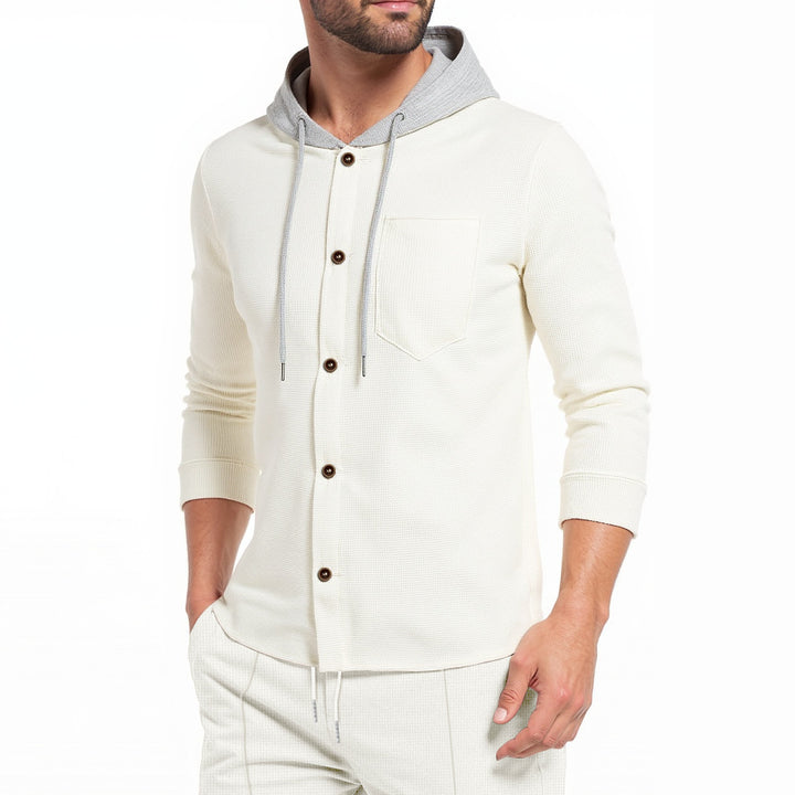 Herren modisches Kapuzenshirt mit Knopfleiste und praktischer Brusttasche Echoarchiv