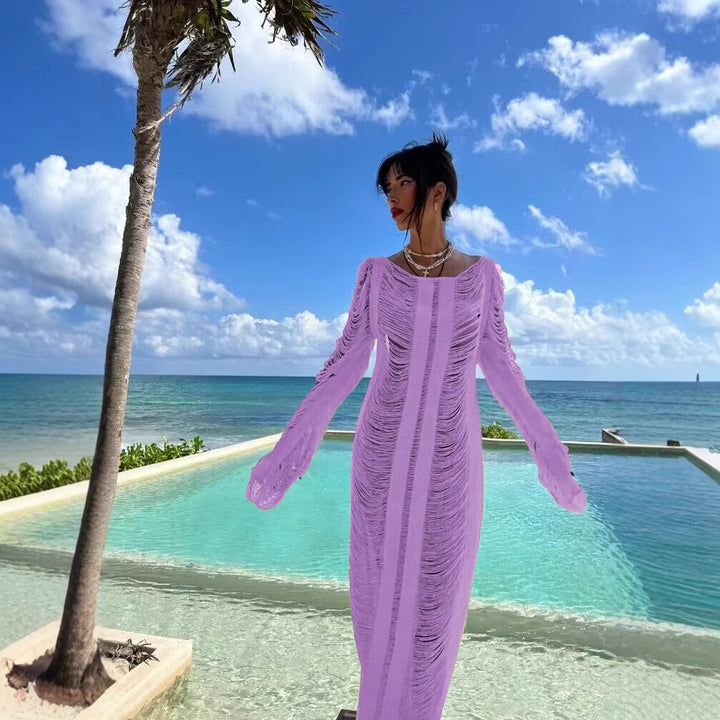 Damen elegantes Strandkleid mit raffinierten Fransen und transparenten Elementen Echo Archiv