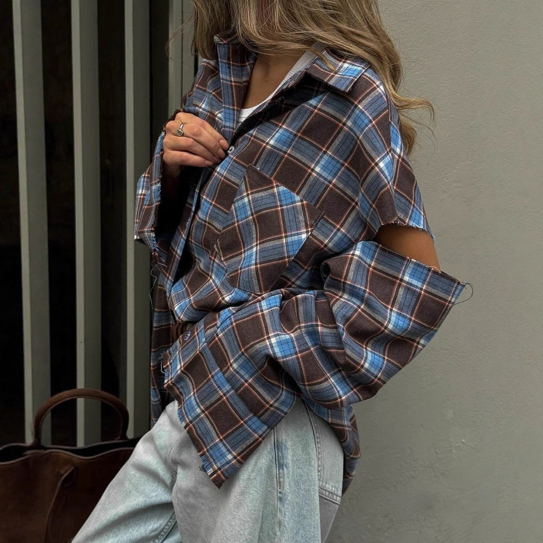 Damen karierte Oversize-Hemdjacke mit Cut-Out-Ärmeln und rohem Saum Echoarchiv