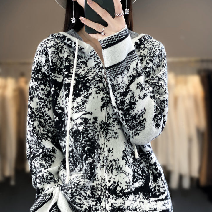 Damen Oversize Jacquard-Strickjacke mit Kapuze und Reißverschluss Echoarchiv