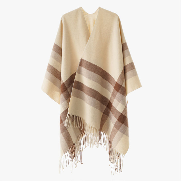Damen Wollmix-Capeponcho im Oversize-Kimono mit Karomuster und Fransensaum – Montévia