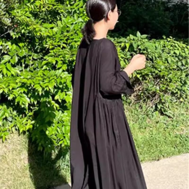 Damen Langes Smock‑Maxikleid mit tiefer Taillennaht und weitem Glockenrock – Valéora