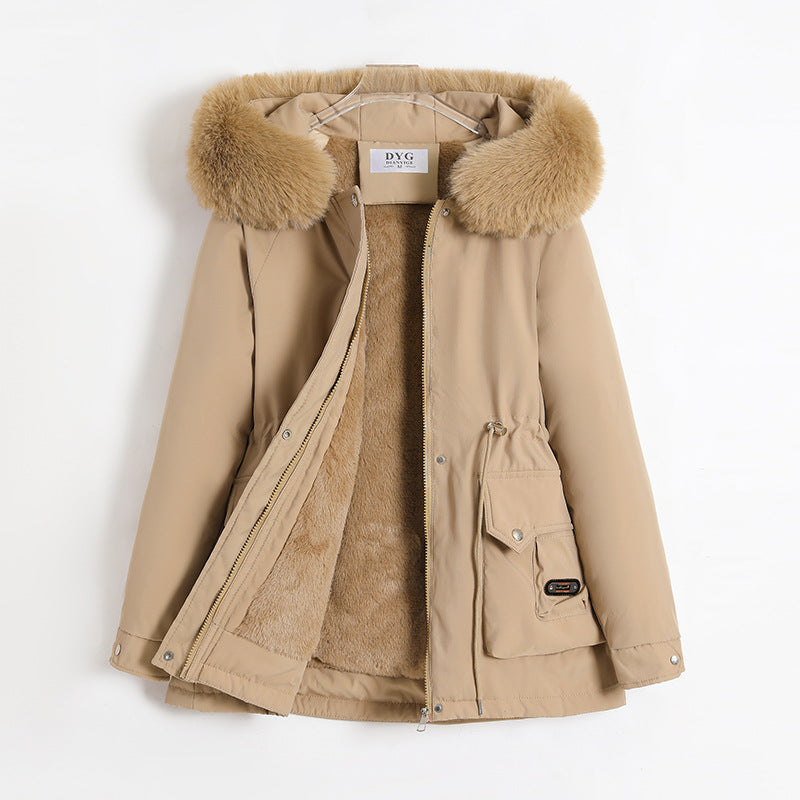 Damen kurzer Thermo-Parka mit voluminösem Schalkragen in Webpelzoptik und taillierendem Tunnelzug – Montévia