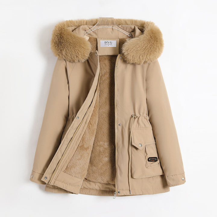 Damen kurzer Thermo-Parka mit voluminösem Schalkragen in Webpelzoptik und taillierendem Tunnelzug – Montévia