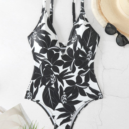 Damen Einteiler Badeanzug mit elegantem floralem Design und modernem V-Ausschnitt Echo Archiv