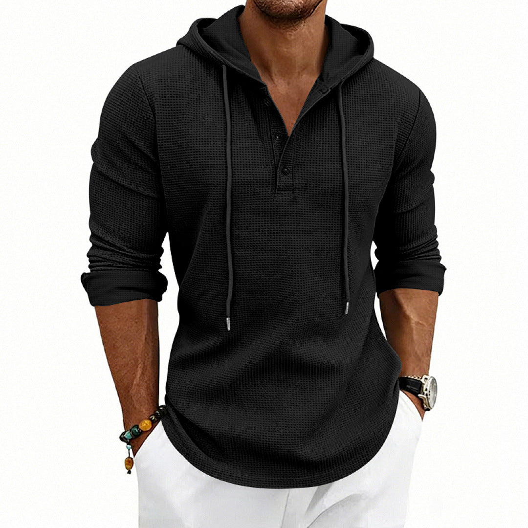 Herren Waffelstrick-Henley-Hoodie mit Knopfleiste und Kapuze – Cavarno