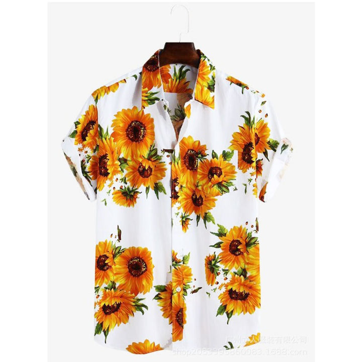 Herren Kurzarmhemd mit farbenfrohem Sonnenblumenmuster und leichtem Baumwollstoff Echoarchiv
