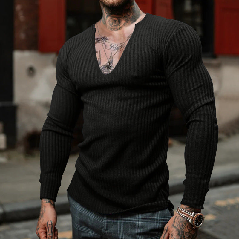 Herren Langarmshirt mit tiefem V-Ausschnitt und feiner Rippstruktur Echoarchiv