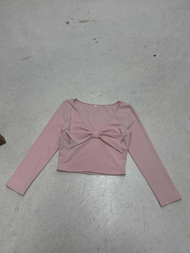 Damen nan Cropped-Longsleeve mit dekorativer Schleifenfront, V-Ausschnitt und figurbetonter Passform Echo Archiv