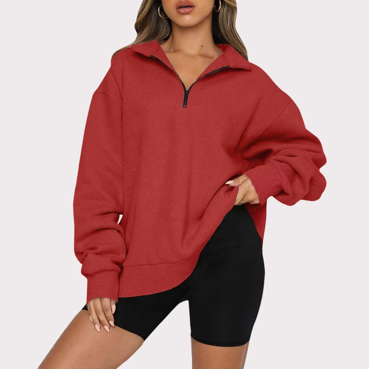 Damen oversized Sweatshirt mit halbem Reißverschluss, weichem Fleece-Innenfutter und Kängurutasche – Avérine