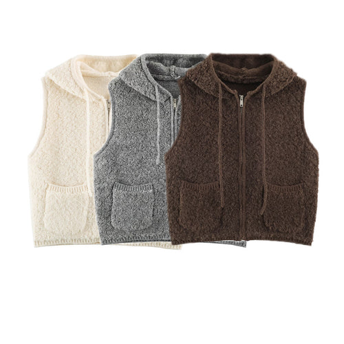 Damen Teddy-Fleece-Weste mit Kapuze, Reißverschluss und aufgesetzten Taschen Echoarchiv