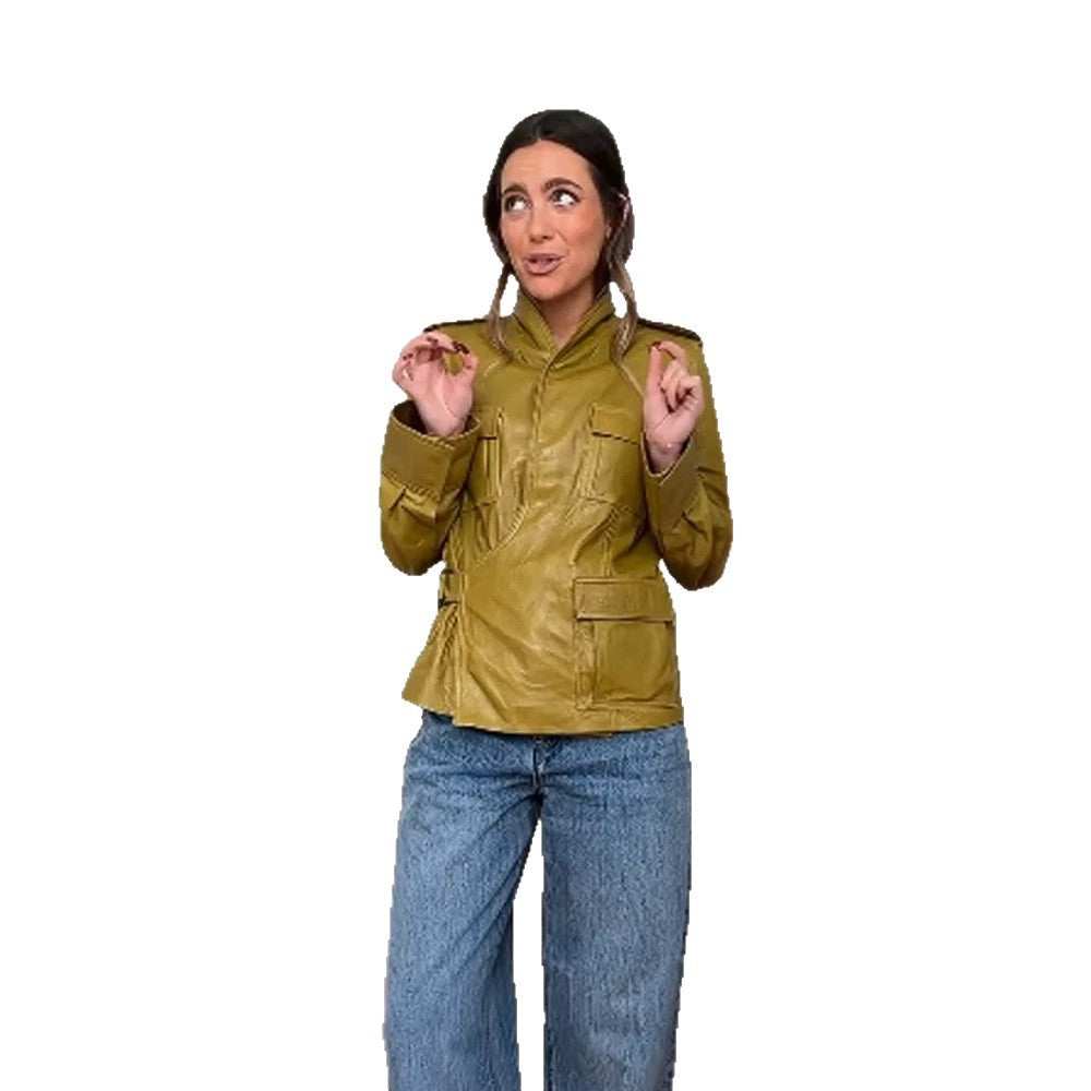 Damen Lederimitat-Utility-Jacke mit Stehkragen, Brustklappen & verdecktem Reißverschluss Echoarchiv