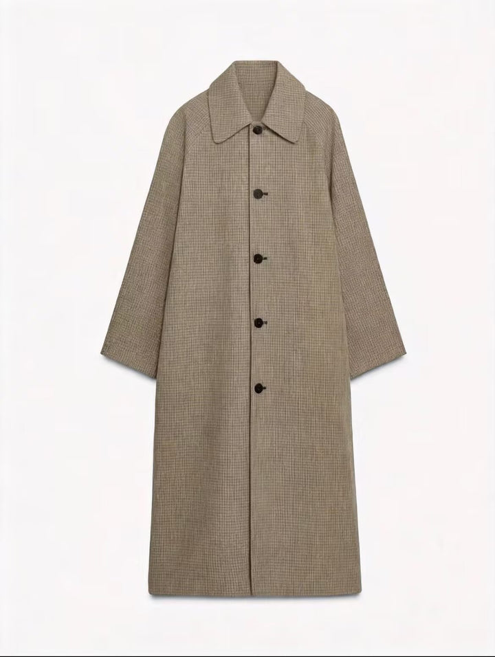Damen langer minimalistischer Trenchcoat mit kariertem Innenfutter Echo Archiv