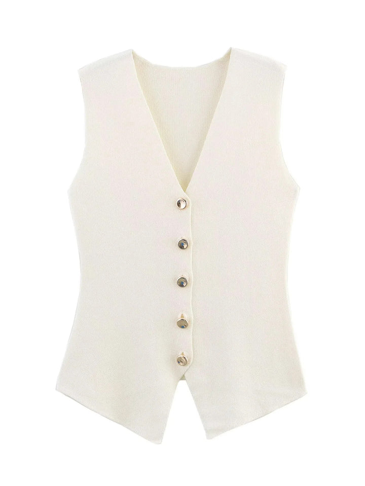 Damen taillierte Strickweste mit V-Ausschnitt und dekorativer Metallknopfleiste – Veloura