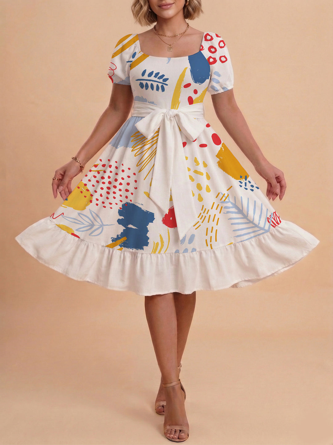 Damen Sommerkleid mit floralem Puffärmel und taillierbarem Gürtel Echo Archiv