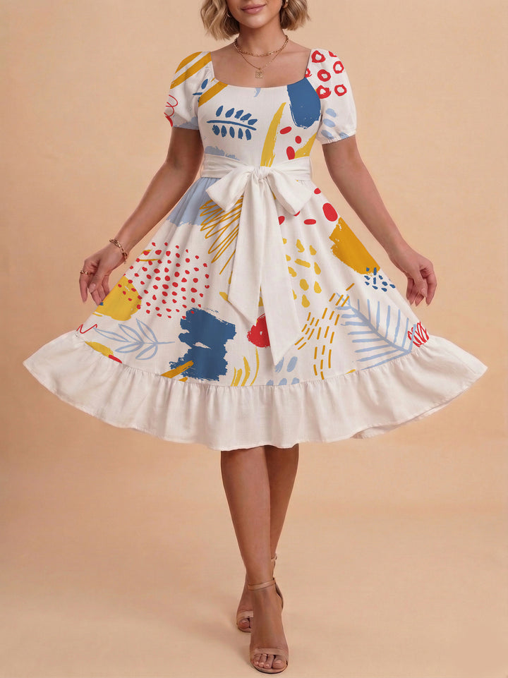 Damen Sommerkleid mit floralem Puffärmel und taillierbarem Gürtel Echo Archiv