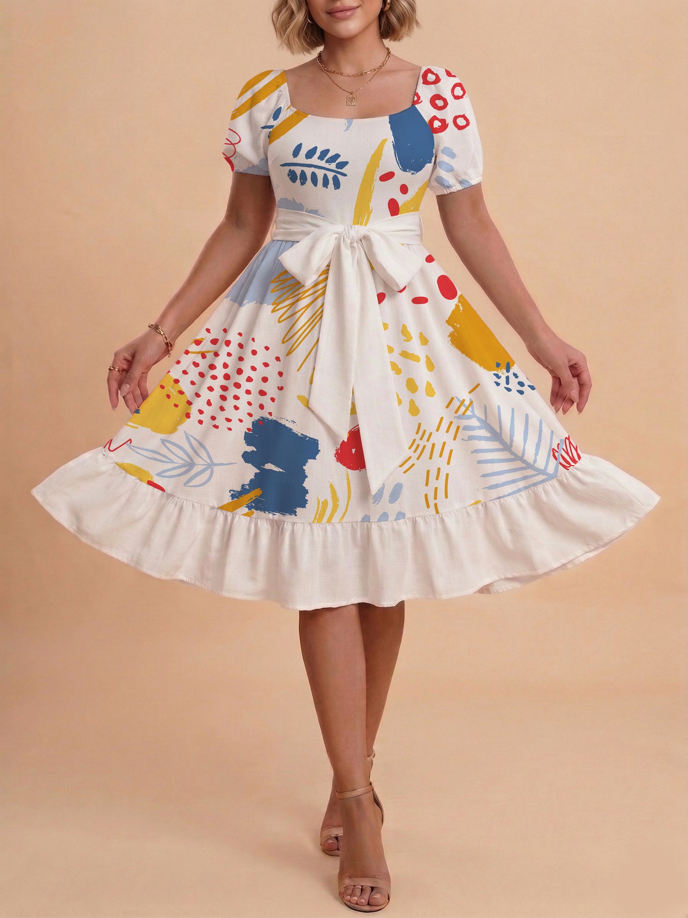 Damen Sommerkleid mit floralem Puffärmel und taillierbarem Gürtel Echo Archiv