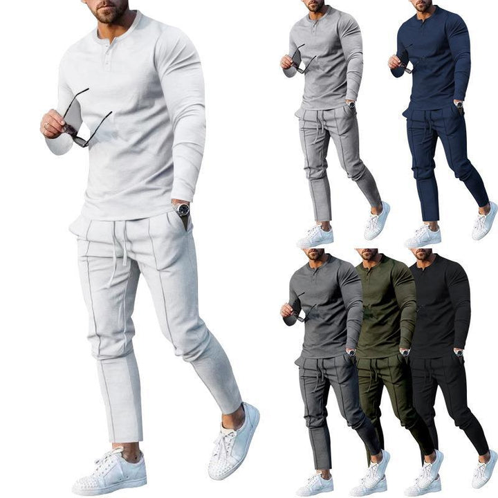 Herren sportliches Oberteil- und Hosen-Set mit modernem Henley-Ausschnitt Echoarchiv