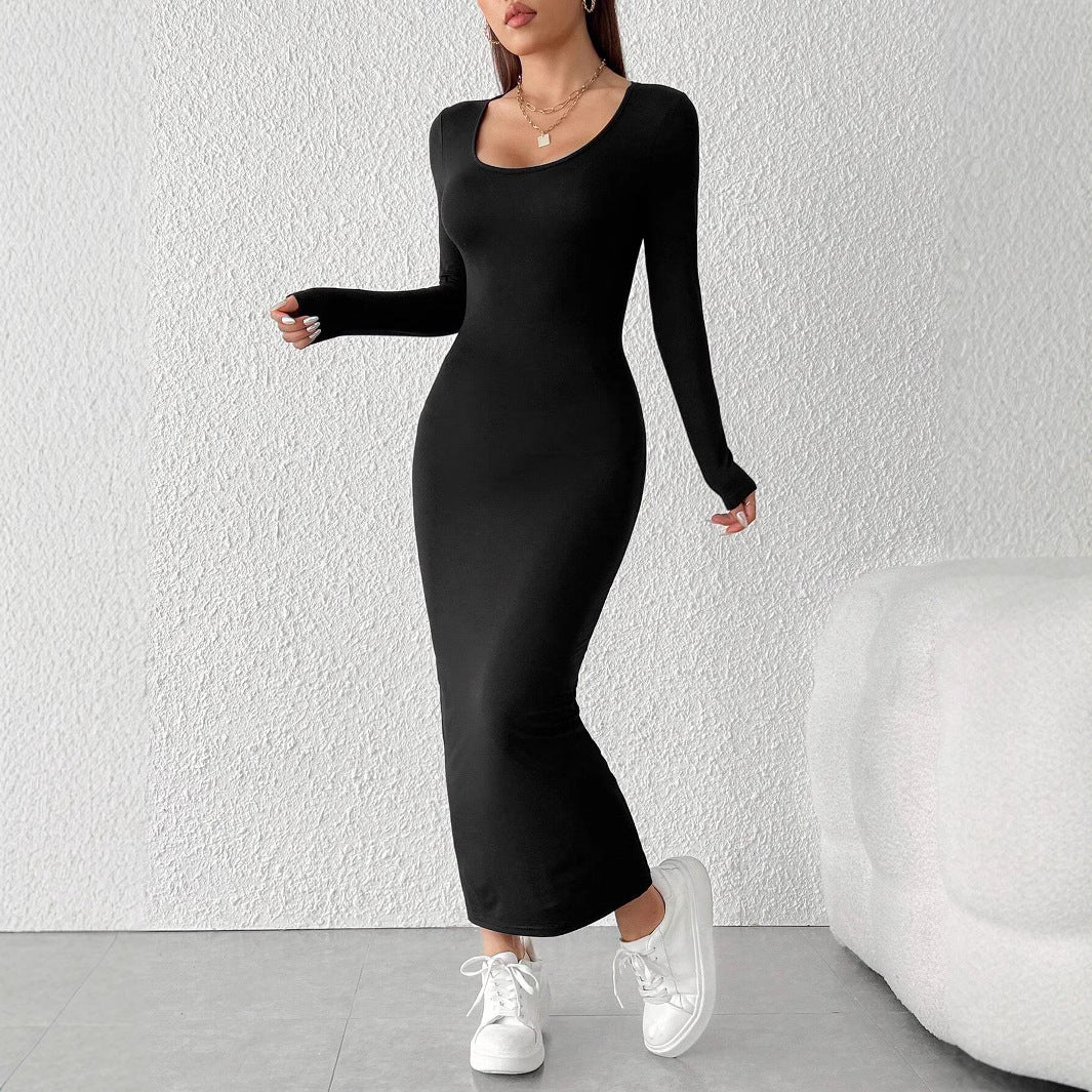 Damen figurbetontes langärmeliges Maxikleid mit tiefem Rundhalsausschnitt formendem Stretch-Jersey und knöchellanger Silhouette – Valéora