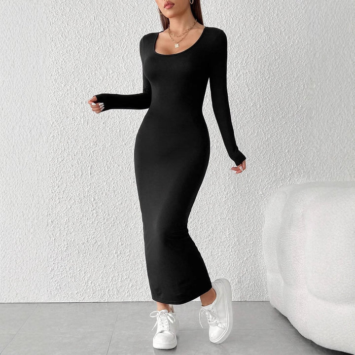 Damen figurbetontes langärmeliges Maxikleid mit tiefem Rundhalsausschnitt formendem Stretch-Jersey und knöchellanger Silhouette – Valéora