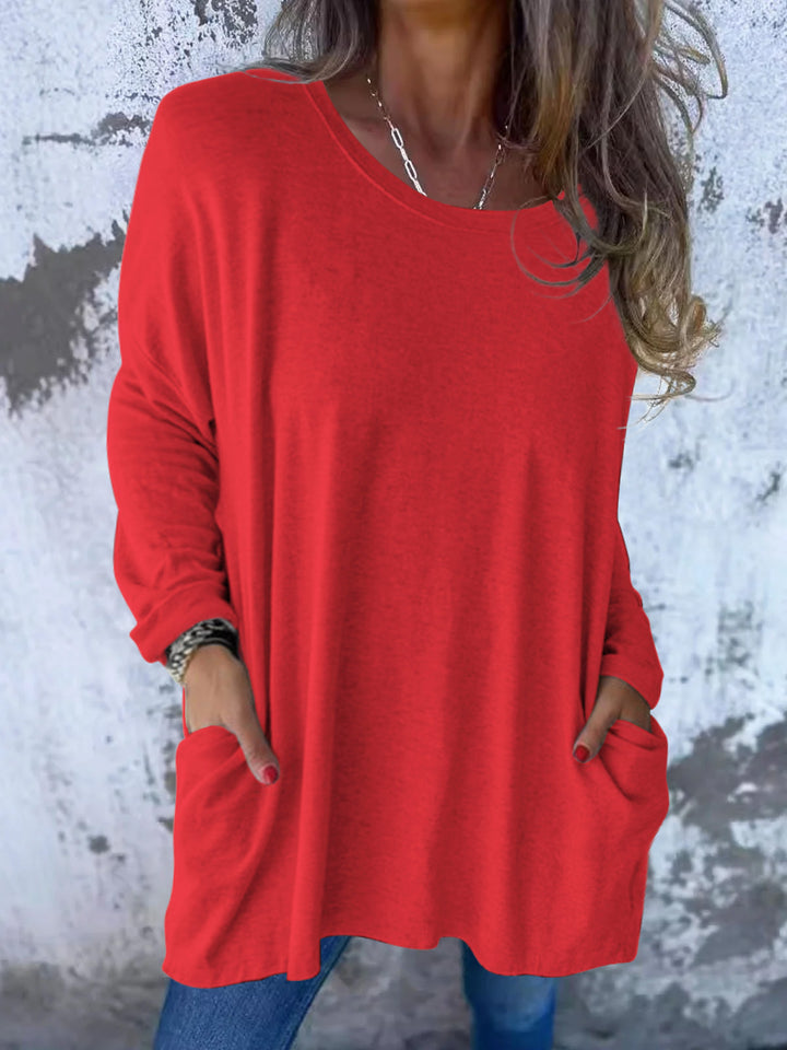 Damen Weiches Oversize Langarmshirt mit Rundhalsausschnitt, Lässigen Ärmeln und Seitentaschen – Avérine