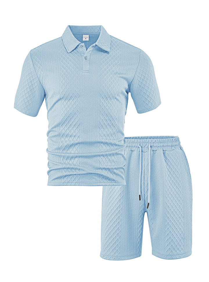 Herren nan eleganter Freizeit-Zweiteiler aus geprägtem Strick mit Polokragen Kurzarmshirt und Tunnelzug-Bermuda Echo Archiv