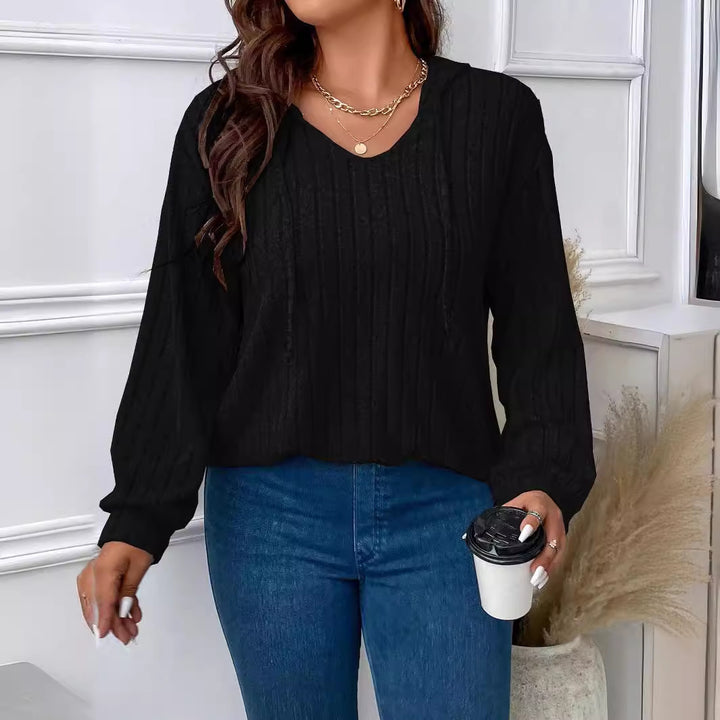 Damen nan gerippter Kapuzenpullover aus Feinstrick mit V-Ausschnitt Echo Archiv