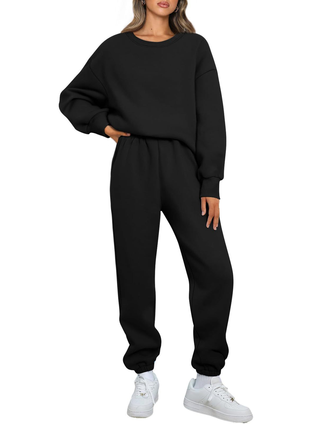 Damen zweiteiliges Comfort-Loungewear-Set mit oversized Rundhals, hochgeschnittener Jogginghose und elastischem Knöchelbund – Élanora