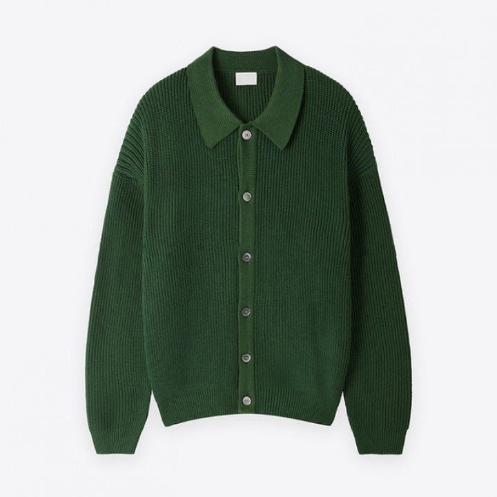 Unisex Grobgerippte Strickjacke mit Hemdkragen und durchgehender Knopfleiste Echoarchiv