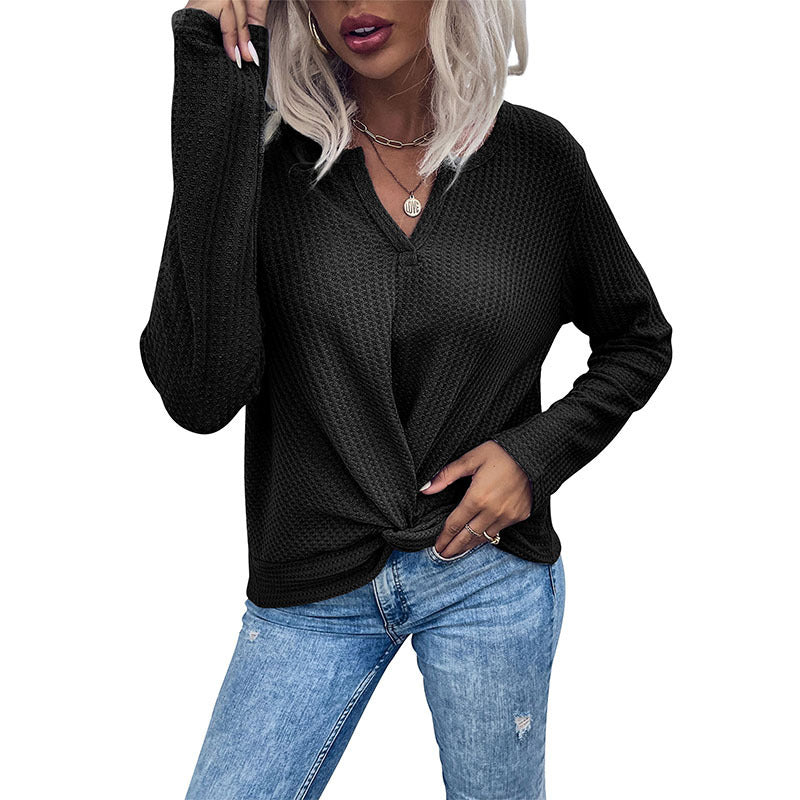 Damen Waffelstrick-Longsleeve mit V‑Ausschnitt und Knotenfront Echoarchiv