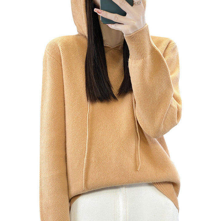 Damen weicher Feinstrick‑Kapuzensweater mit melierter Struktur und gerippten Bündchen Echoarchiv