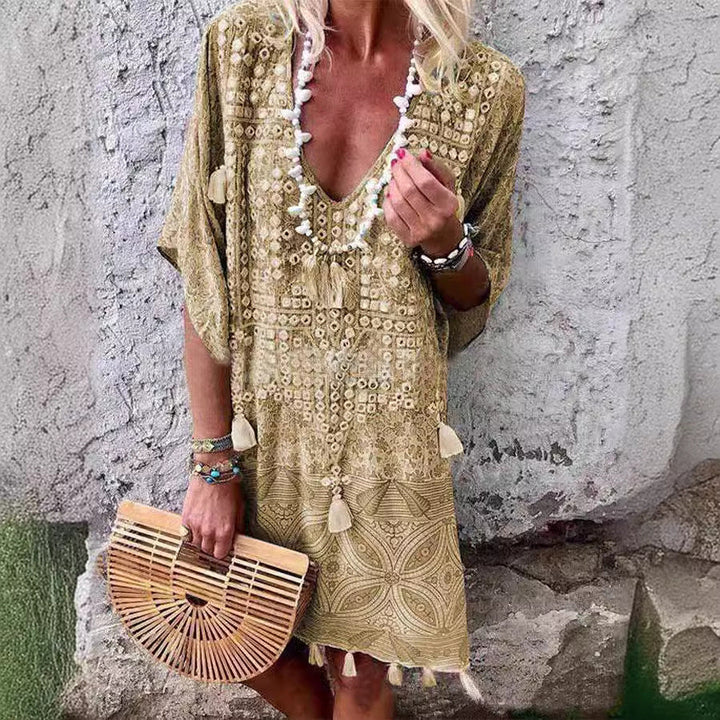 Damen Boho-Chic Kaftan mit V-Ausschnitt und Tassel-Details Echoarchiv