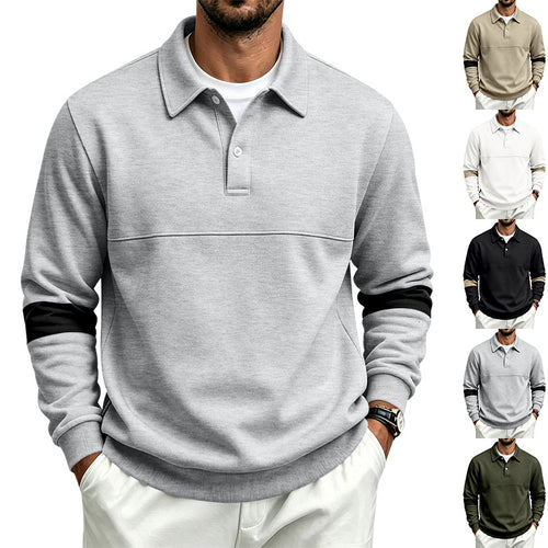 Herren Langarm-Poloshirt-Sweatshirt mit halber Knopfleiste, Kontrastärmeln und Rippbündchen – Cavello