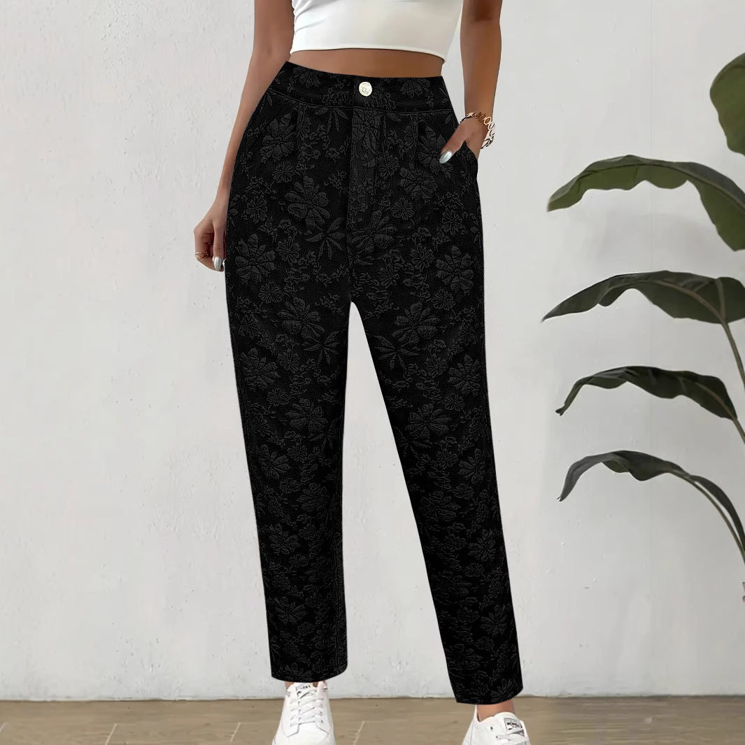 Damen Hochtaillierte Bundfalten‑Hose mit floralem Jacquard und geradem Bein – Avélisse