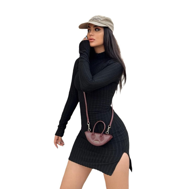 Damen Enganliegendes Rippstrick-Minikleid mit Rollkragen und langen Ärmeln Echoarchiv
