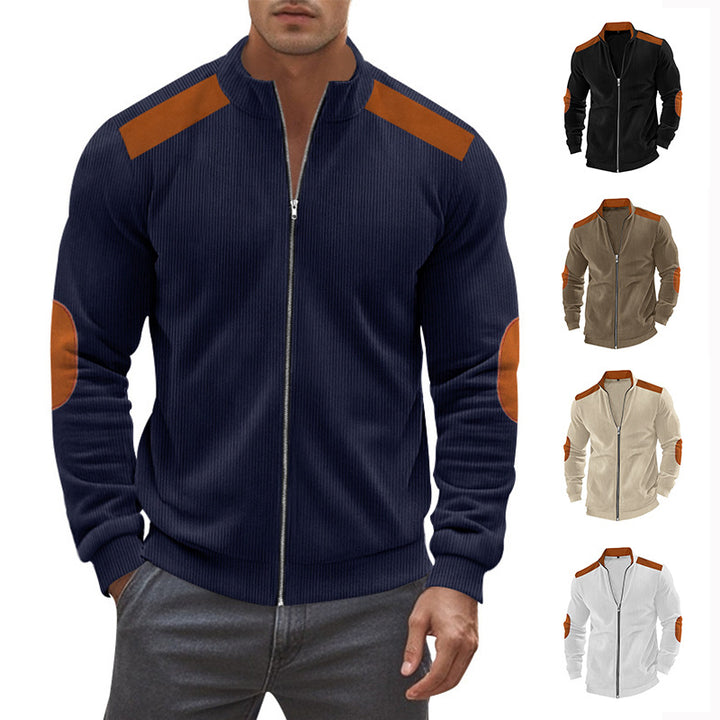 Herren nan Stehkragen-Sweatjacke mit feiner Rippstruktur, Ellbogen-Patches und kontrastierenden Schulterdetails Echo Archiv