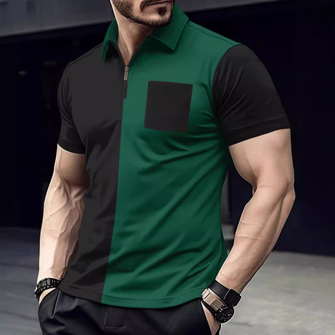 Herren modernes Kurzarmshirt mit Reißverschluss und kontrastierenden Farbschnitten Echoarchiv