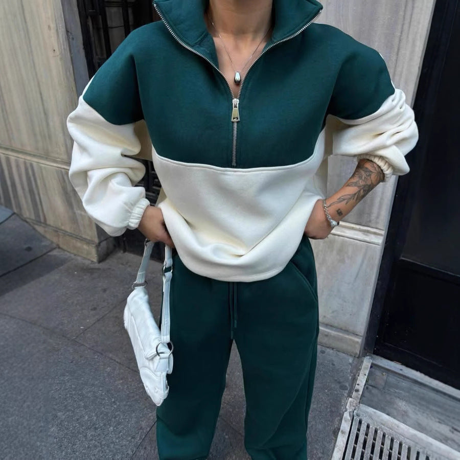 Damen Oversized Zweifarbiges Half-Zip Loungewear-Set mit Stehkragen und weitem Palazzo-Jogger – Avérine