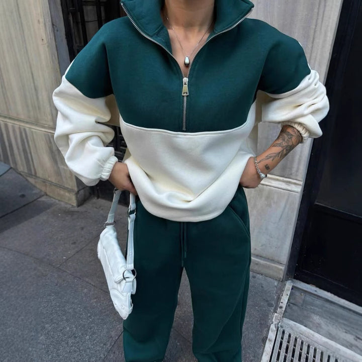 Damen Oversized Zweifarbiges Half-Zip Loungewear-Set mit Stehkragen und weitem Palazzo-Jogger – Avérine