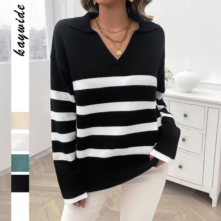 Damen lässiger V‑Ausschnitt Strickpullover mit Polokragen, gerippten Ärmelsäumen und markanten Blockstreifen – Mavelle