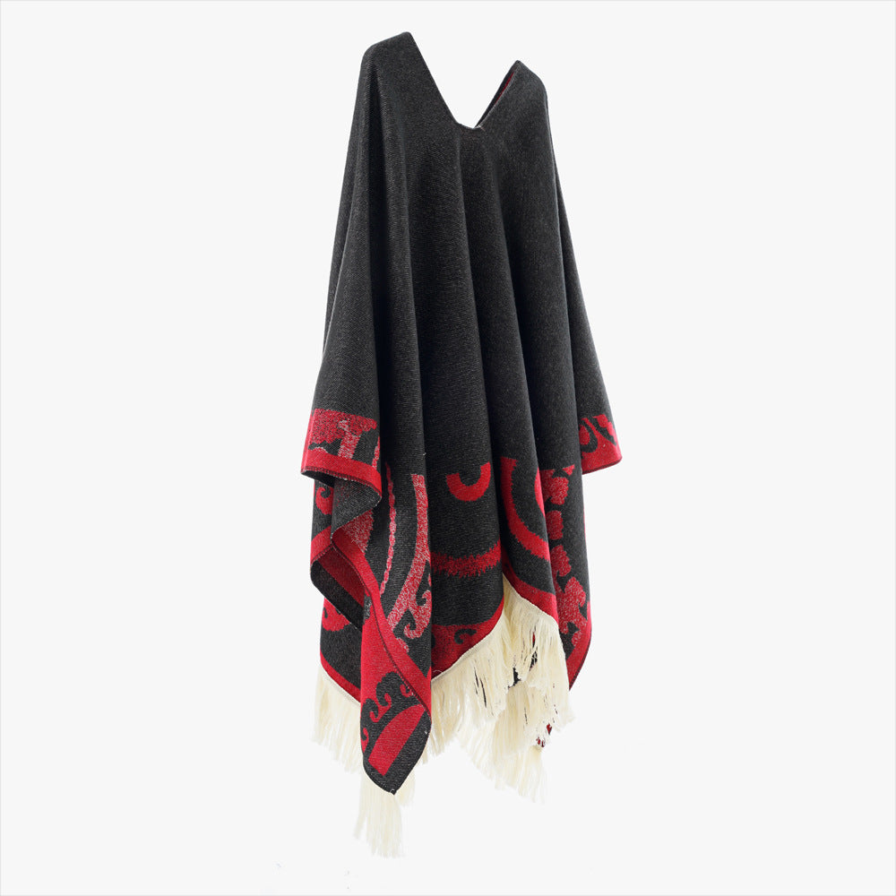 Damen Wollmix-Medallionponcho mit V-Ausschnitt und Fransensaum Echo Archiv