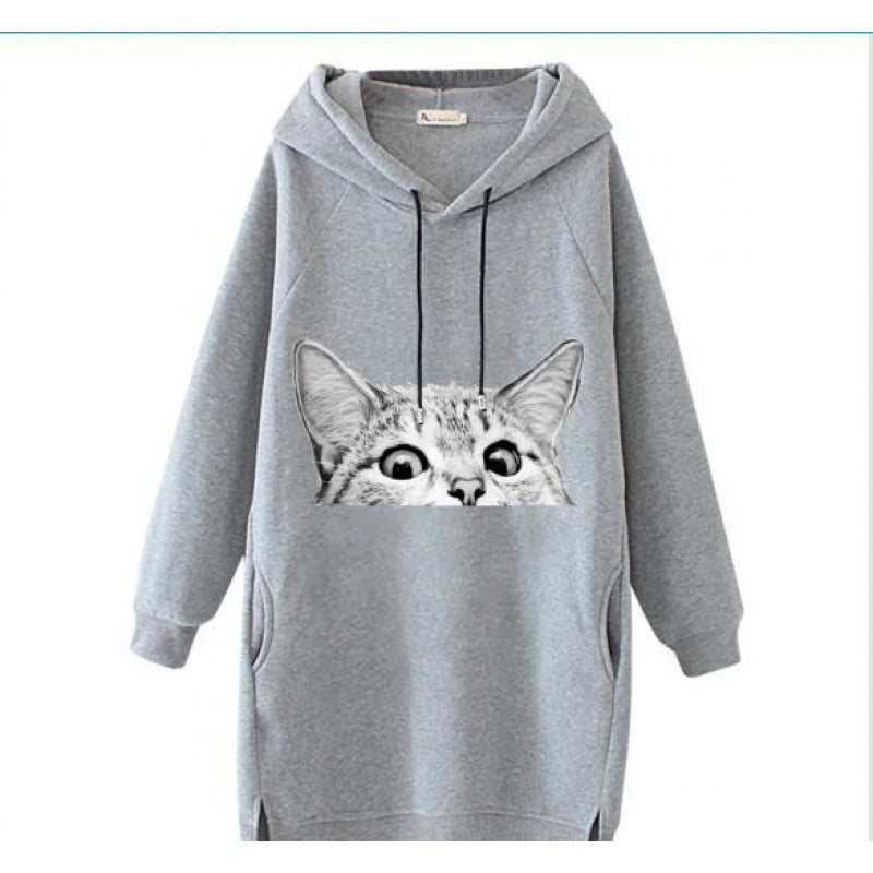 Damen Oversize Kapuzenkleid aus Sweat mit großem Katzenprint und Seitentaschen – Auréline