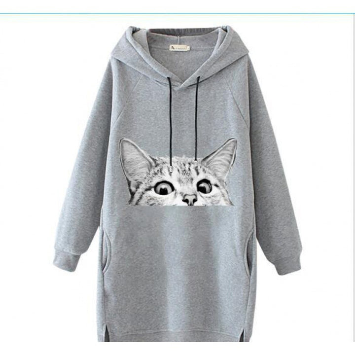 Damen Oversize Kapuzenkleid aus Sweat mit großem Katzenprint und Seitentaschen – Auréline