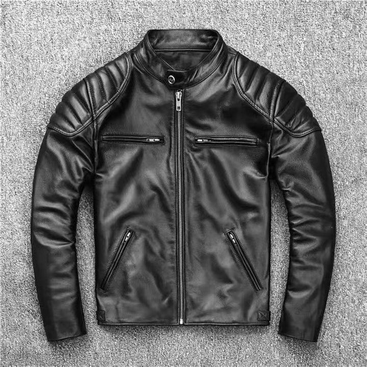 Herren Vintage Biker-Lederjacke mit Stehkragen und gesteppter Schulterpolsterung Echoarchiv