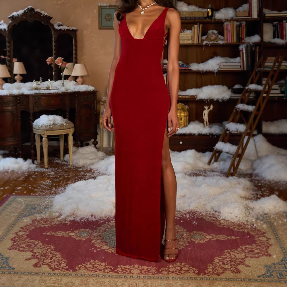 Damen Elegantes Maxikleid mit tiefem V-Ausschnitt und hohem Schlitz Echo Archiv