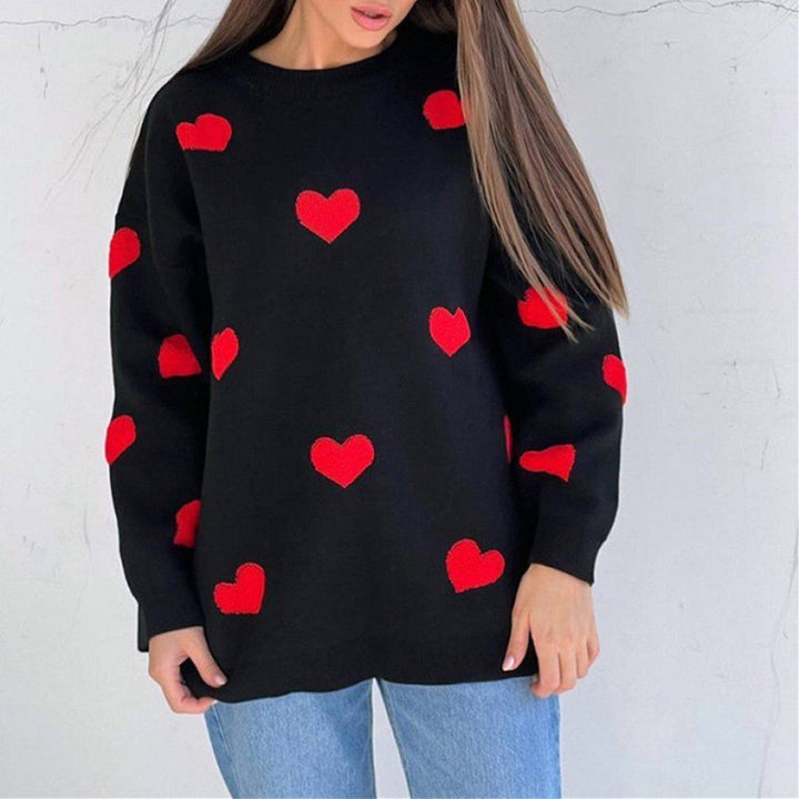 Damen Oversize-Feinstrickpullover mit Allover-Herzintarsien und überschnittenen Schultern – Mavelle