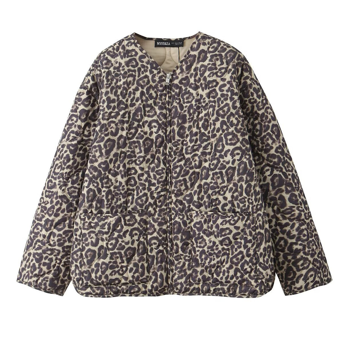 Damen gesteppte Oversize-Quiltjacke mit Rundhalsausschnitt, durchgehendem Reißverschluss und zwei aufgesetzten Taschen – Célinea