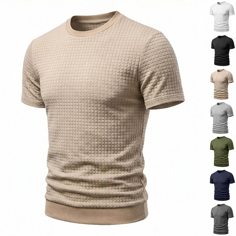 Herren nan kurzärmeliges Strickshirt mit geprägter Karostruktur, Rundhalsausschnitt und geripptem Saum Echo Archiv