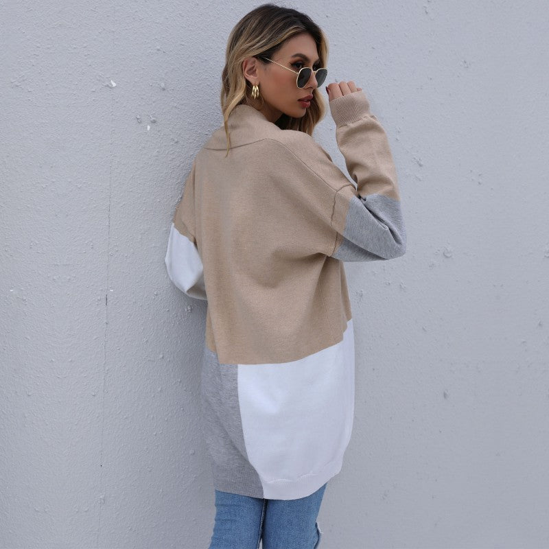 Damen Langer Colorblock-Feinstrickcardigan mit offener Front und überschnittener Schulter – Veloura