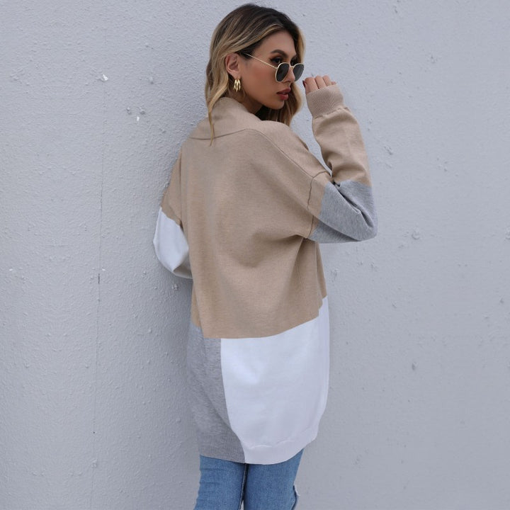 Damen Langer Colorblock-Feinstrickcardigan mit offener Front und überschnittener Schulter – Veloura
